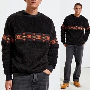 Urban Outfitters Mens Sherpa Fleece Sweatshirt Size‎ S Black Cozy Southwestern